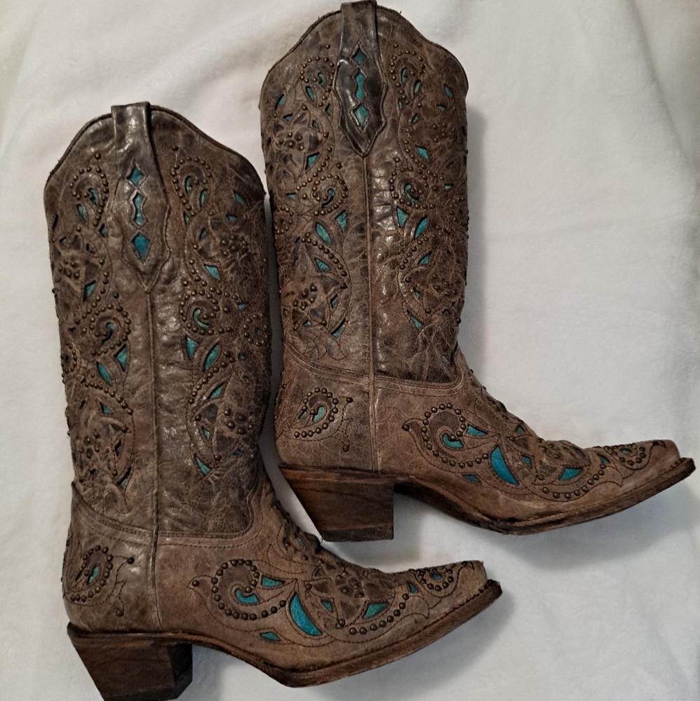 Corral brown crater Turquoise Inlay Studded cowboy cowgirl boots 7M